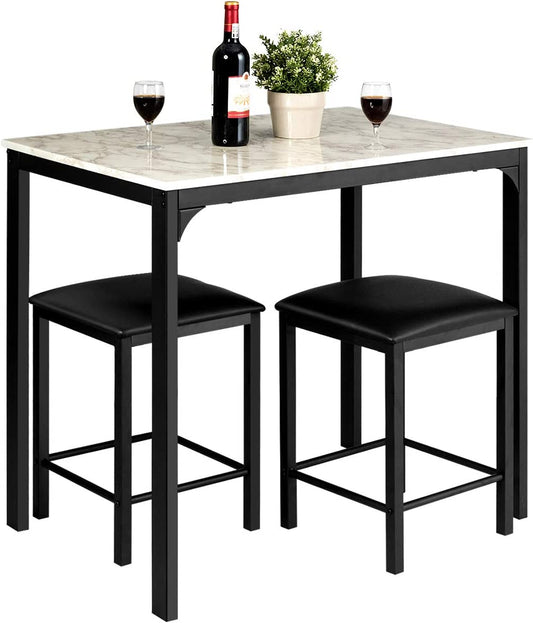 3 Pcs Dining Table and Chairs Set with Faux Marble Tabletop 2 Chairs Contemporary Dining Table Set for Home or Hotel Dining Room, Kitchen or Bar (White & Black)